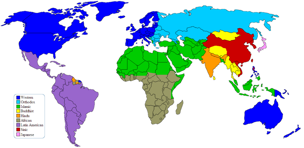 文明の衝突　主要文明が有する文明圏の分布を示す世界地図