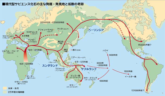 現代型サピエンス化石の主な発掘・発見地と拡散の軌跡