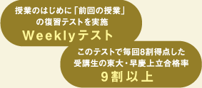 授業のはじめに「前回の授業」の復習テストを実施　Weeklyテスト　このテストで毎回8割得点した受講生の東大・早慶上立合格率　9割以上